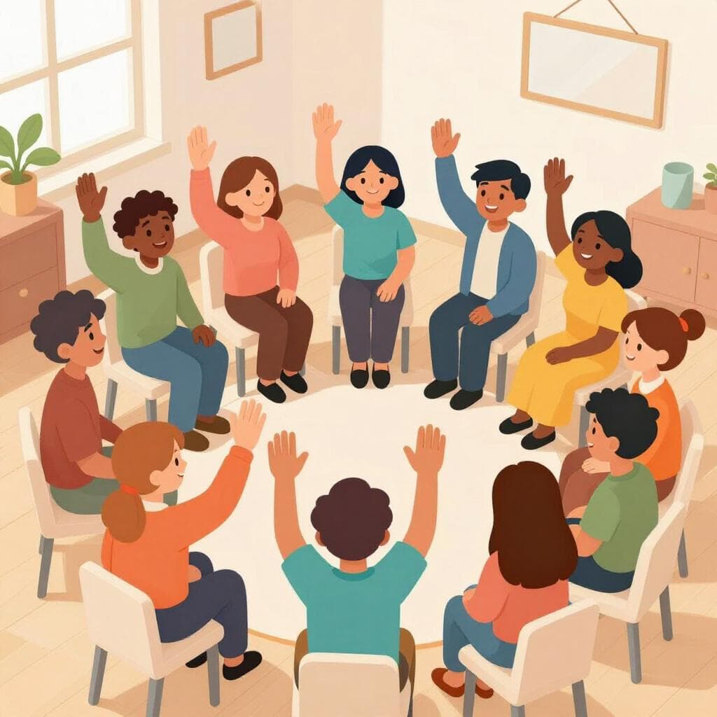 Een diverse groep mensen die samen hun handen opsteken in een lichte, vriendelijke omgeving om instemming te tonen.