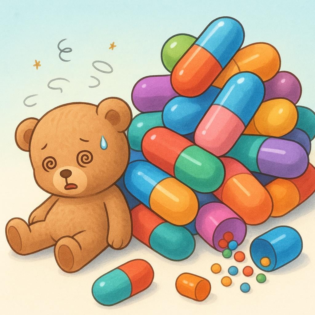 A teddy bear character looking dizzy and overwhelmed, slumped next to a massive, colorful pile of spilled, oversized medicine capsules and empty bottles.
