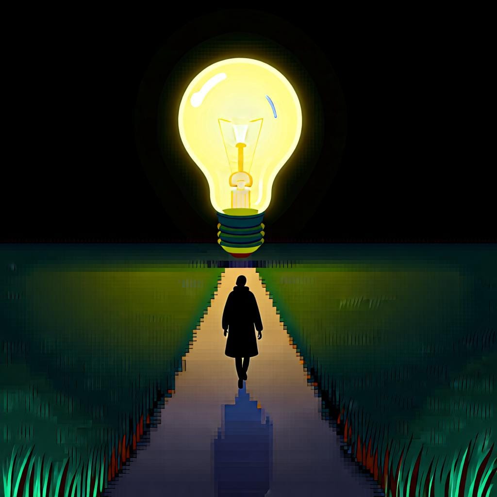 A person walking along a path towards a glowing lightbulb, representing moving toward a goal or purpose.