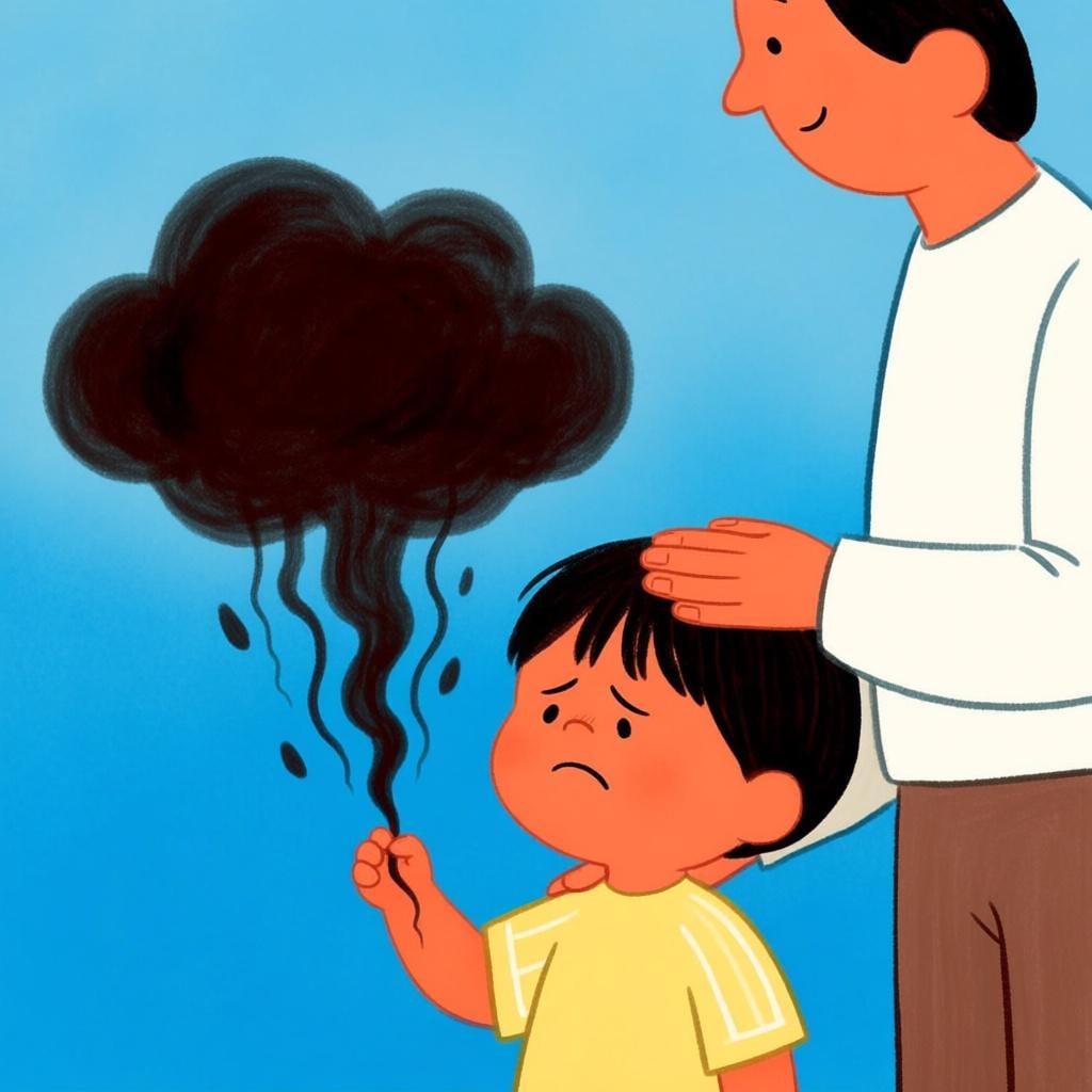 A small, distressed child being comforted by a friendly adult, with a dark cloud of worry floating harmlessly away into the sky.