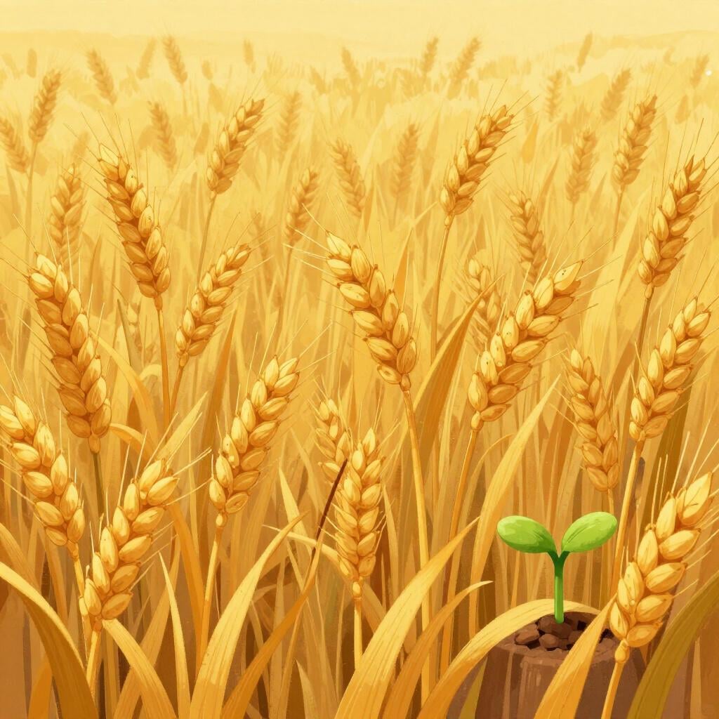 Un piccolo germoglio che cresce in un grande campo di grano alto e dorato.