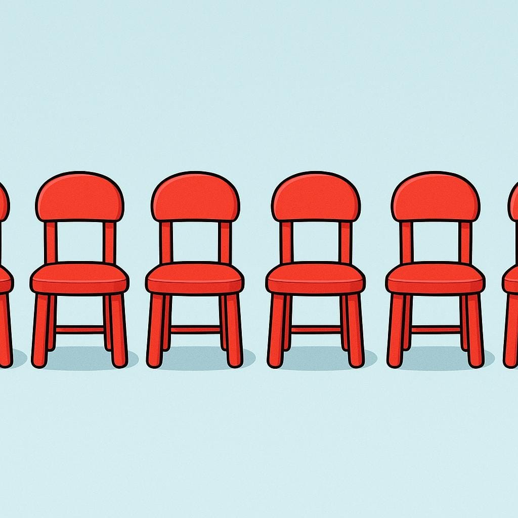 A horizontal arrangement of six identical, brightly colored chairs lined up perfectly side-by-side.