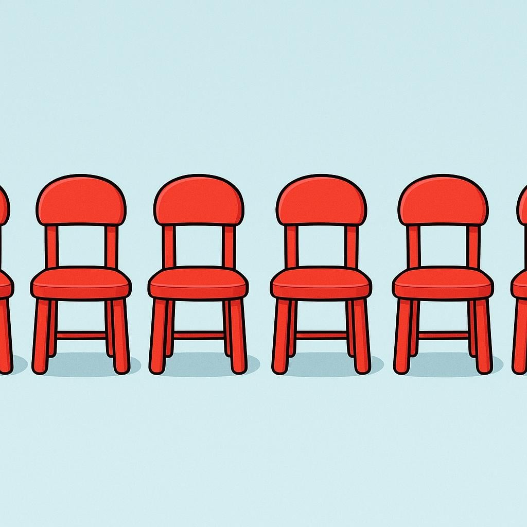 A horizontal arrangement of six identical, brightly colored chairs lined up perfectly side-by-side.
