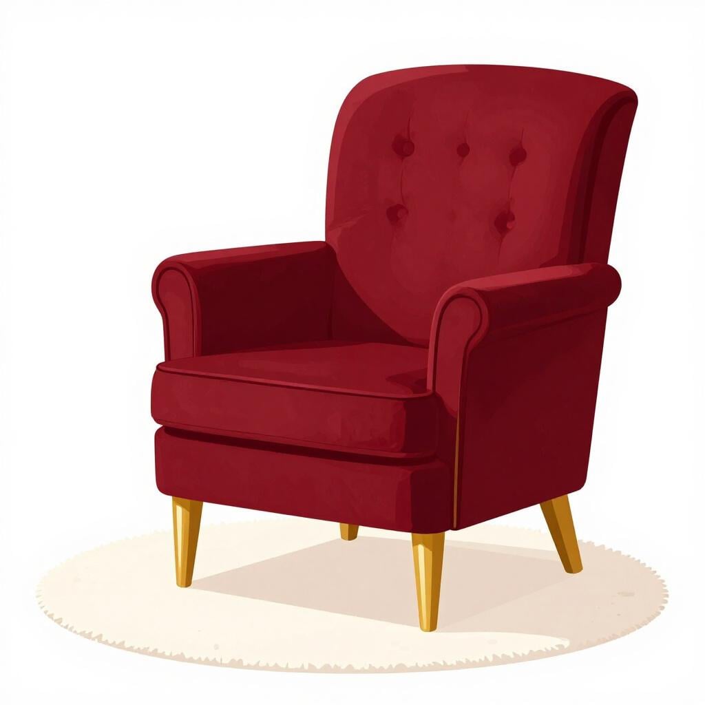 Uma poltrona de veludo com detalhes dourados sobre um tapete macio numa sala elegante.