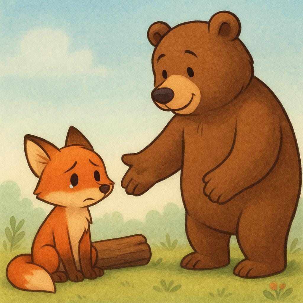 친근한 의인화된 곰 캐릭터가 땅에 앉아 넘어진 통나무 옆에 있는 작은 의인화된 여우 캐릭터에게 아래로 뻗은 튼튼한 손을 내밀어 일어설 수 있도록 돕고 있습니다.
