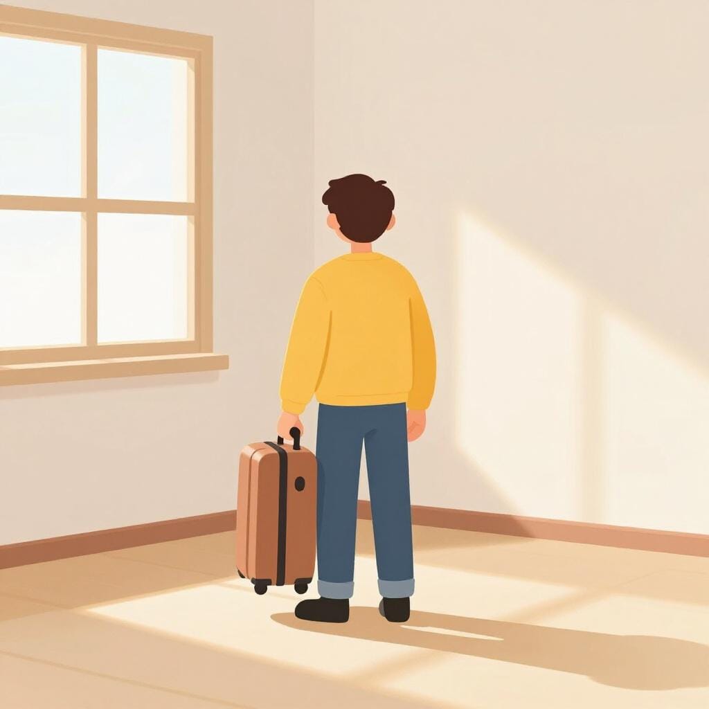 Een persoon met een koffer die in een lichte, lege kamer staat en naar een zonnig raam kijkt.