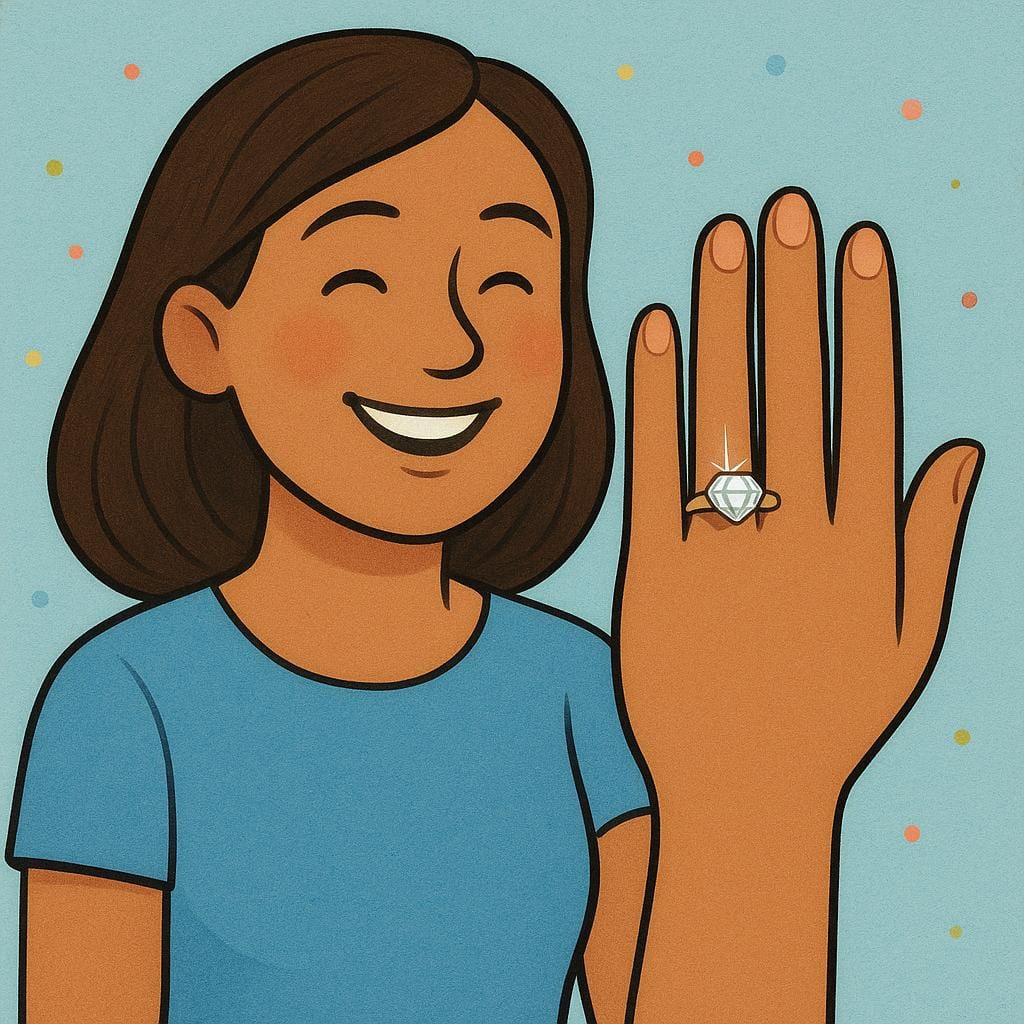 A close-up illustration of a woman's hand wearing a large diamond engagement ring on her ring finger.