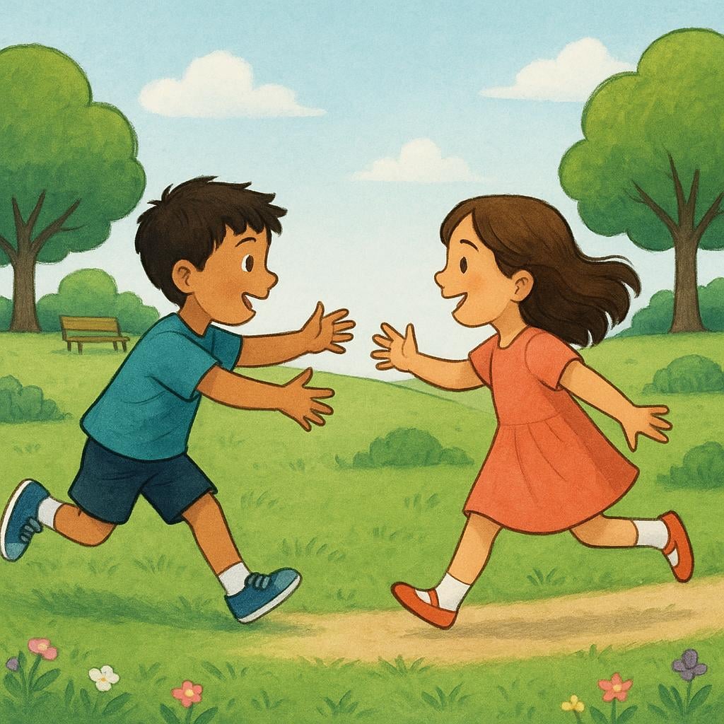 Two friends, a boy and a girl, running towards each other with open arms in a sunny, green park, ready to greet one another.