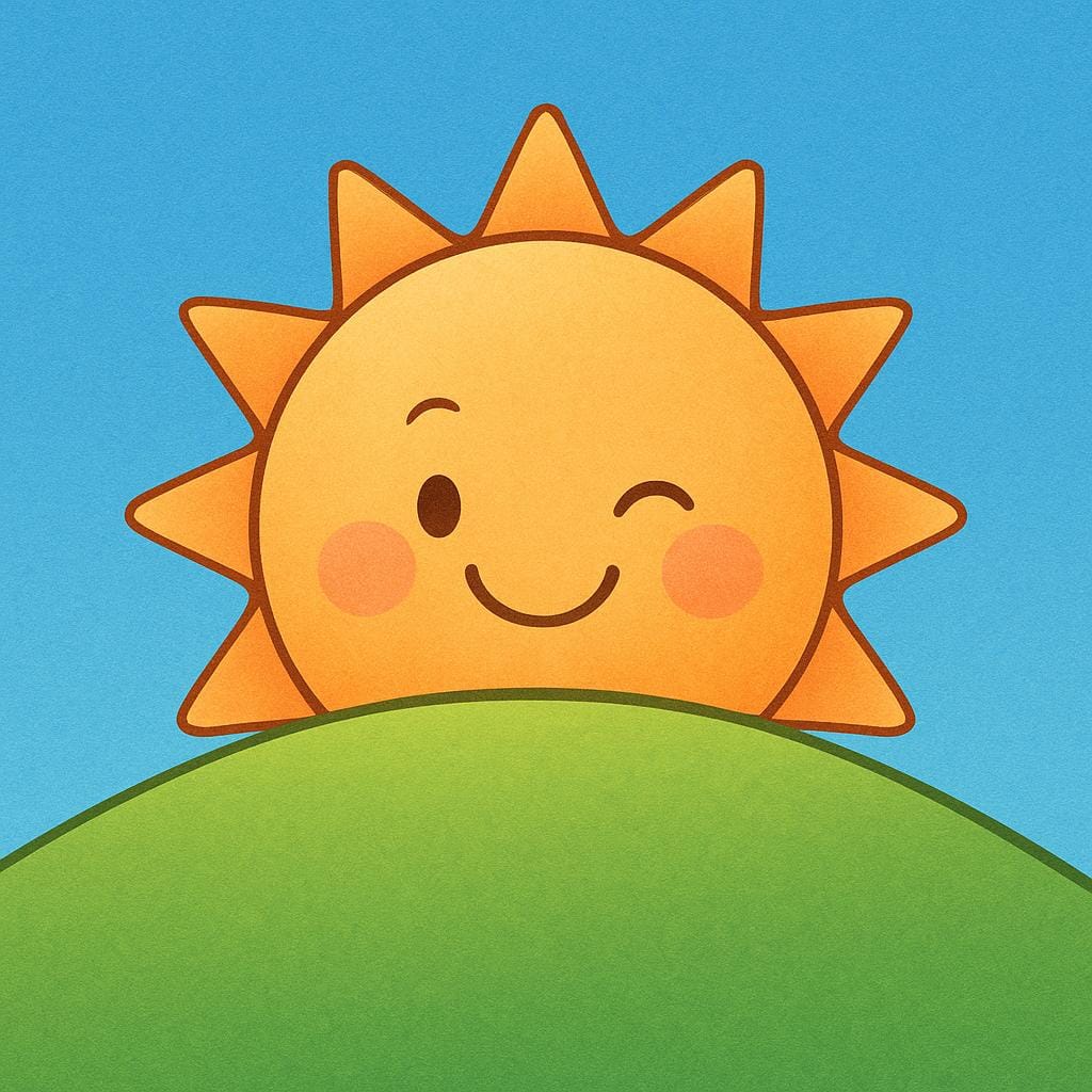 A friendly, bright yellow cartoon sun is partially visible, peeking over a green hill and appears to be winking at the viewer.