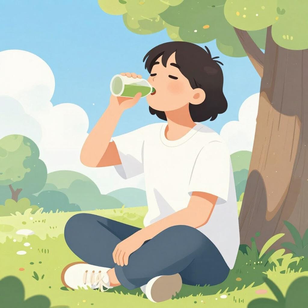 病気やショックから回復し、健康と平和を放ちながら、晴れた日に外で深呼吸をしている陽気な人。