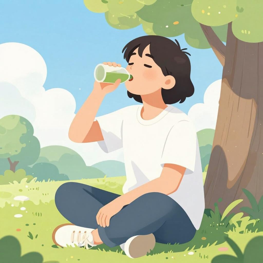 A cheerful person sitting outside on a sunny day, taking a deep, restorative breath, radiating health and peace after an illness.