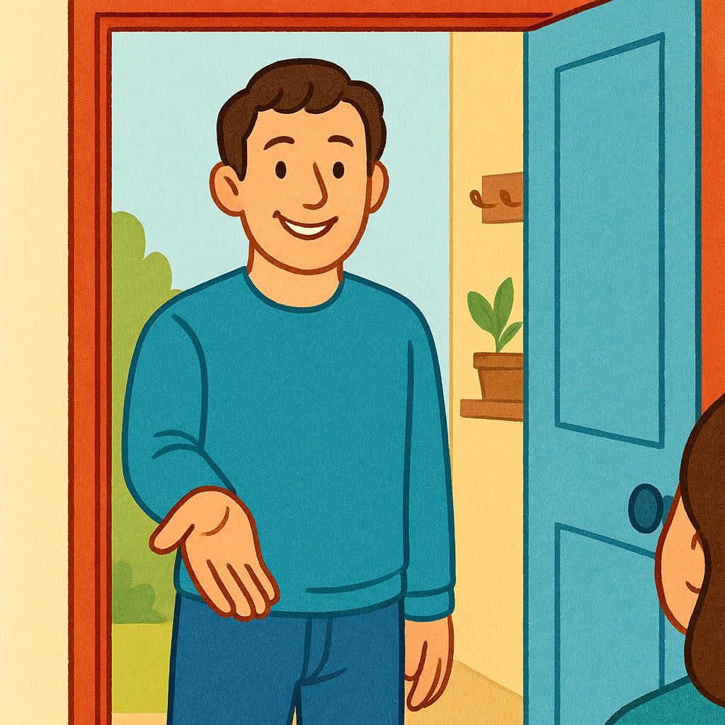A friendly adult figure stands at an open doorway, extending a hand in a warm, welcoming gesture, representing a host receiving a guest.