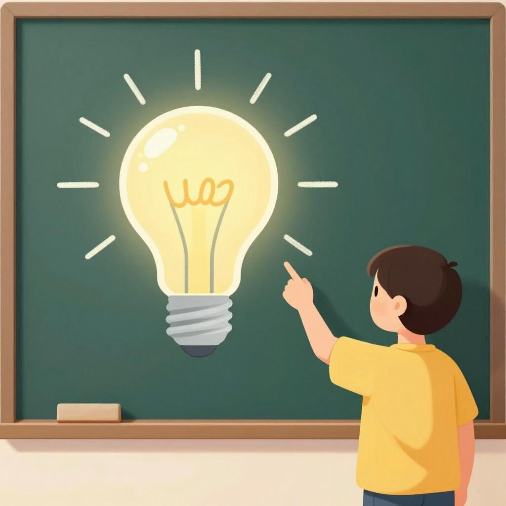 A teacher standing by a green chalkboard using a wooden pointer to show a drawing of a lightbulb.