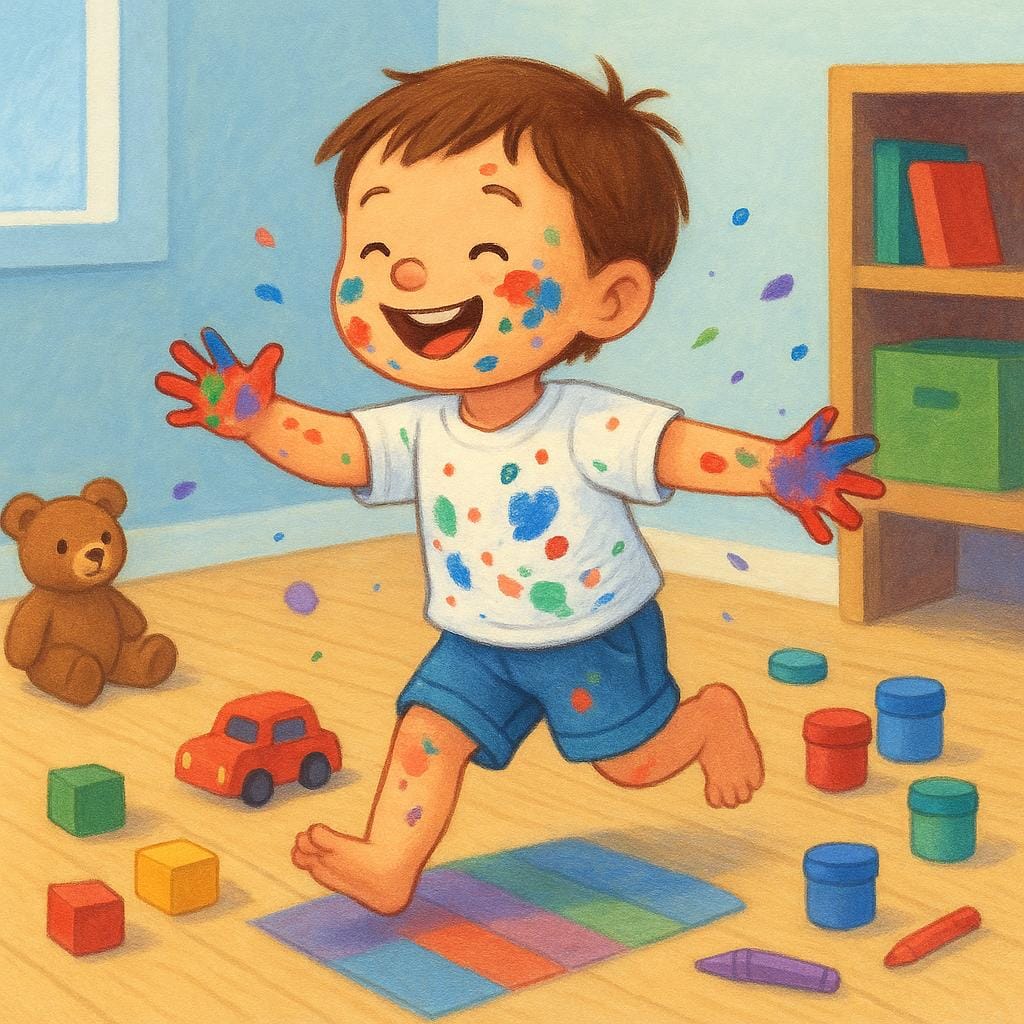 Un bambino piccolo coperto di vernice colorata, che gira energicamente in una stanza piena di giocattoli, illustrando un comportamento selvaggio.