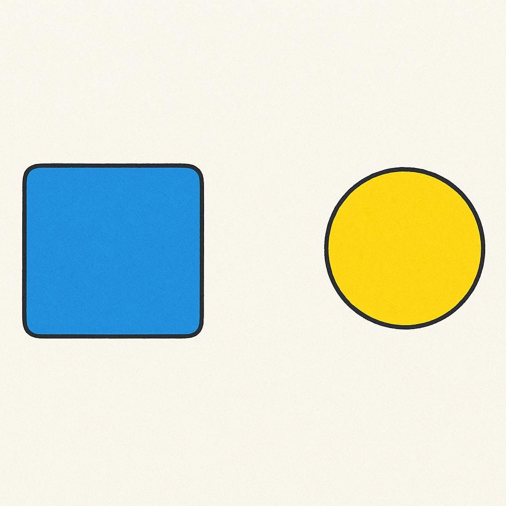 A bright blue square object and a bright yellow circular object are placed far away from each other on a white surface, emphasizing their separation and difference.