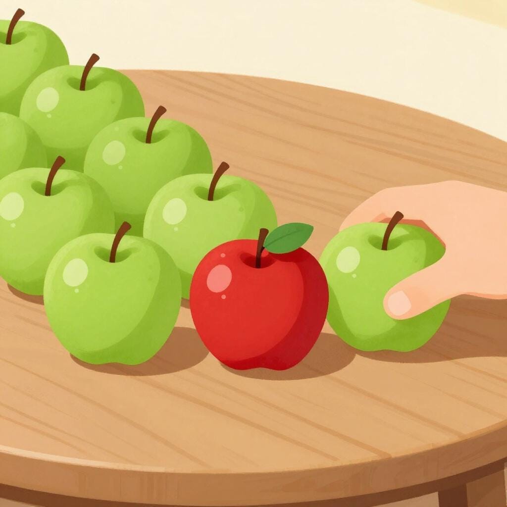 Eine Hand, die einen roten Apfel aus einer Reihe grüner Äpfel auswählt und die grünen beiseitelegt.