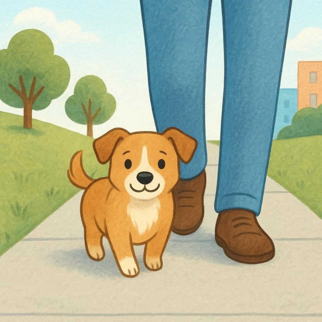 A small, attentive dog walking closely behind the heels of a person, demonstrating physical following.