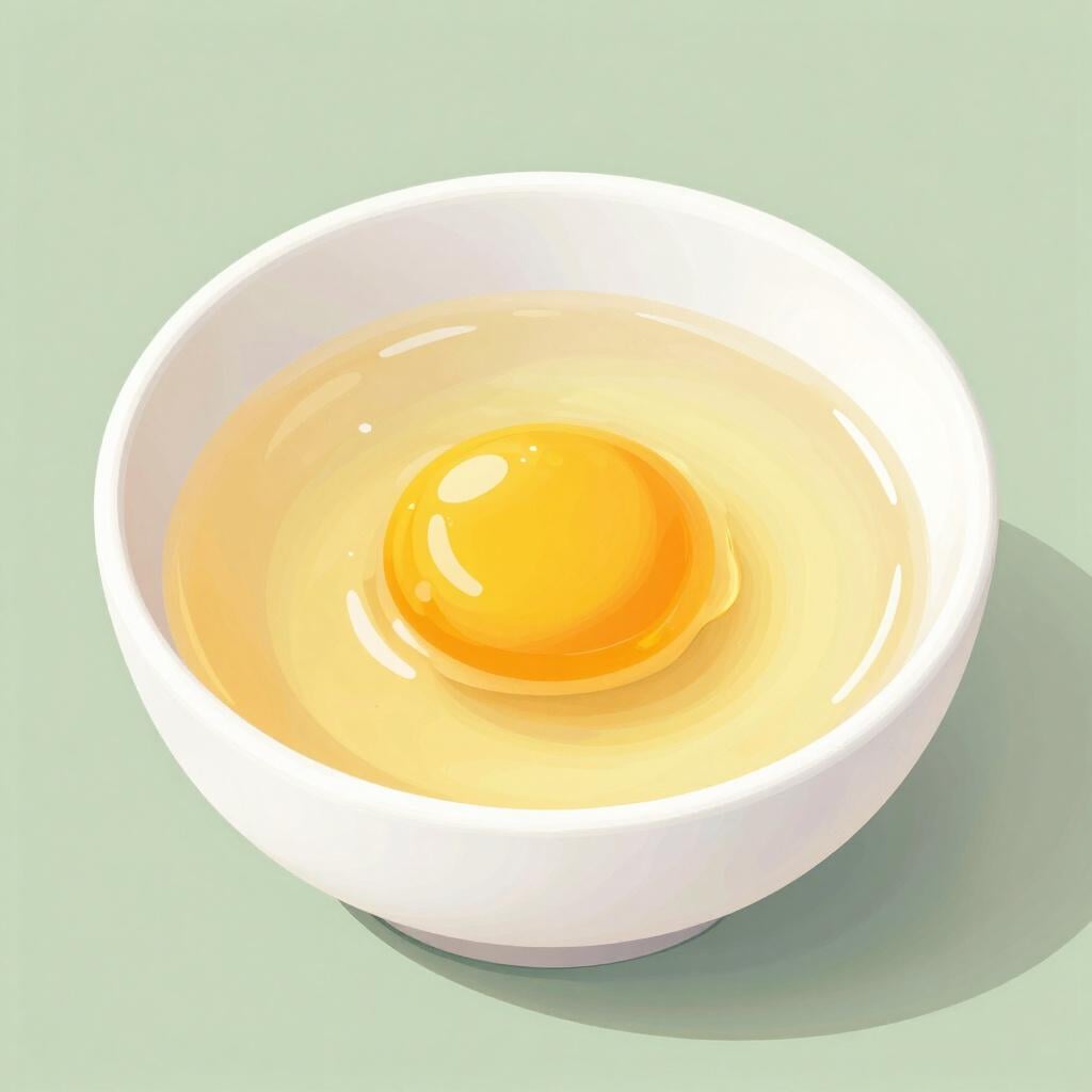 A cracked egg in a white bowl showing a bright yellow yolk.