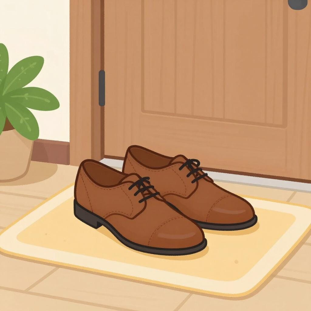 A pair of worn leather shoes sitting neatly by a front door next to a small potted plant.