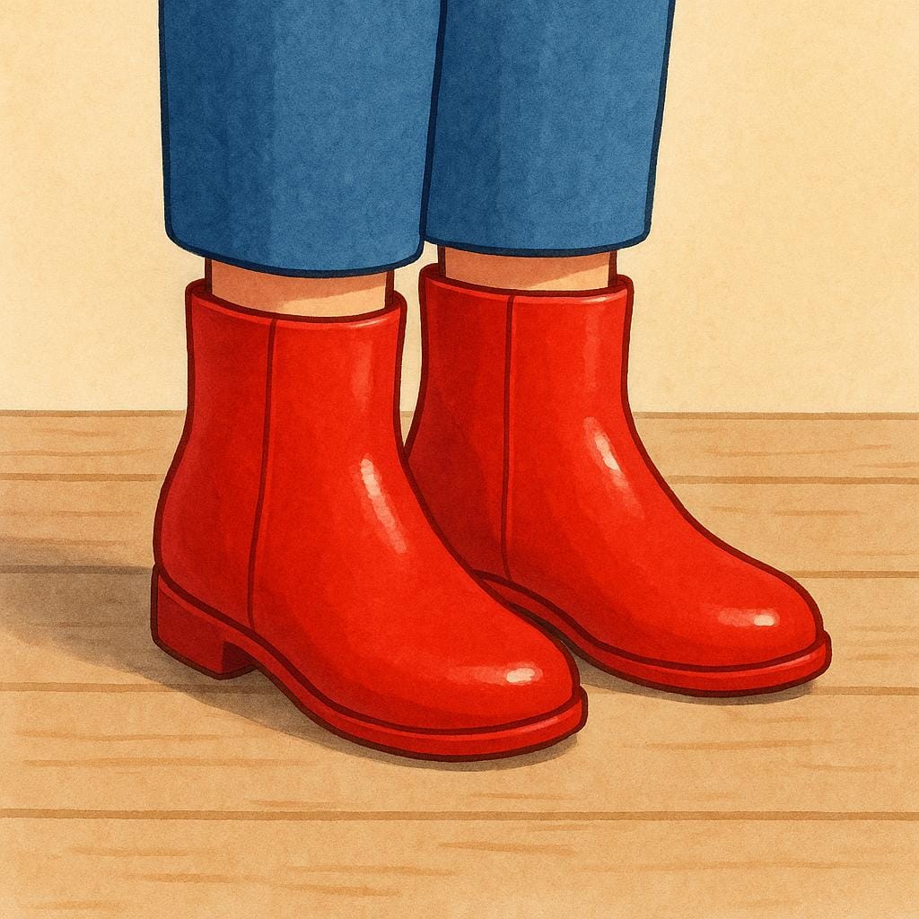 A pair of feet wearing shiny, perfectly fitted red boots standing on a clean wooden floor, showing a perfect fit.