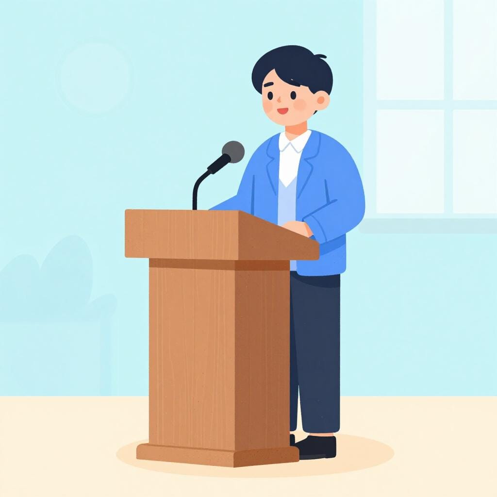 聴衆に向かってマイクで話している演台に立つ人。