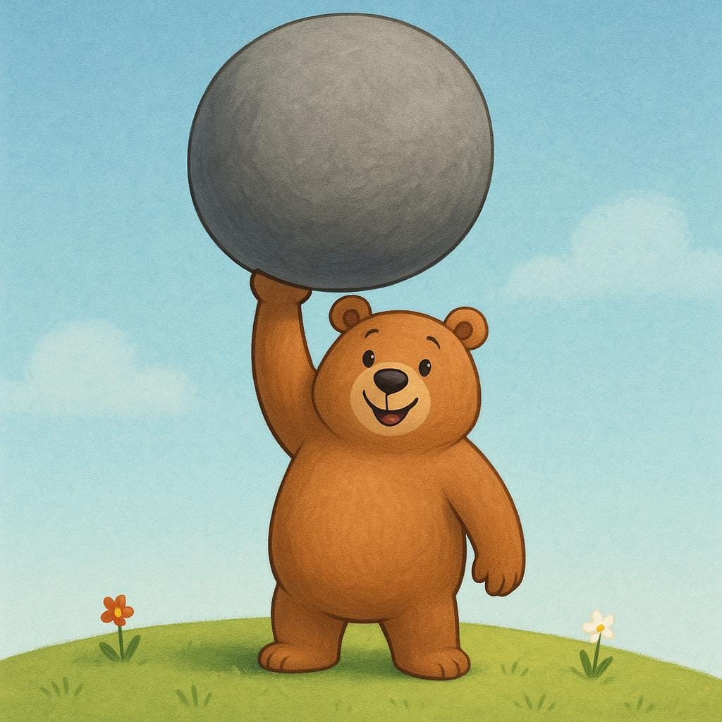 A smiling brown bear easily lifting a massive gray boulder above its head, demonstrating physical strength.