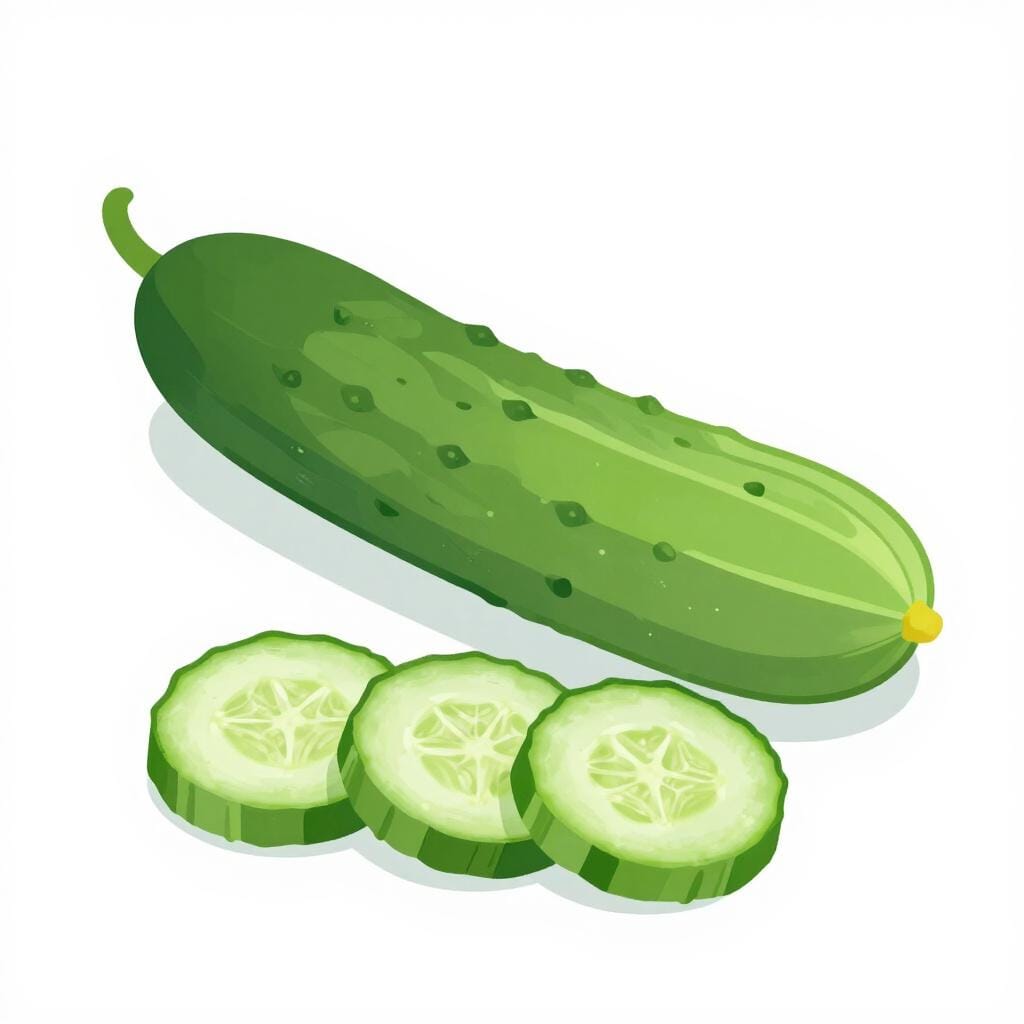 A whole green cucumber and several sliced cucumber rounds on a clean wooden surface.