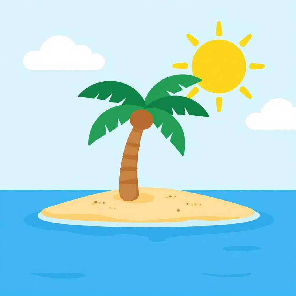 Ein üppiger grüner Palmenbaum an einem sonnigen Strand mit blauem Meerwasser.