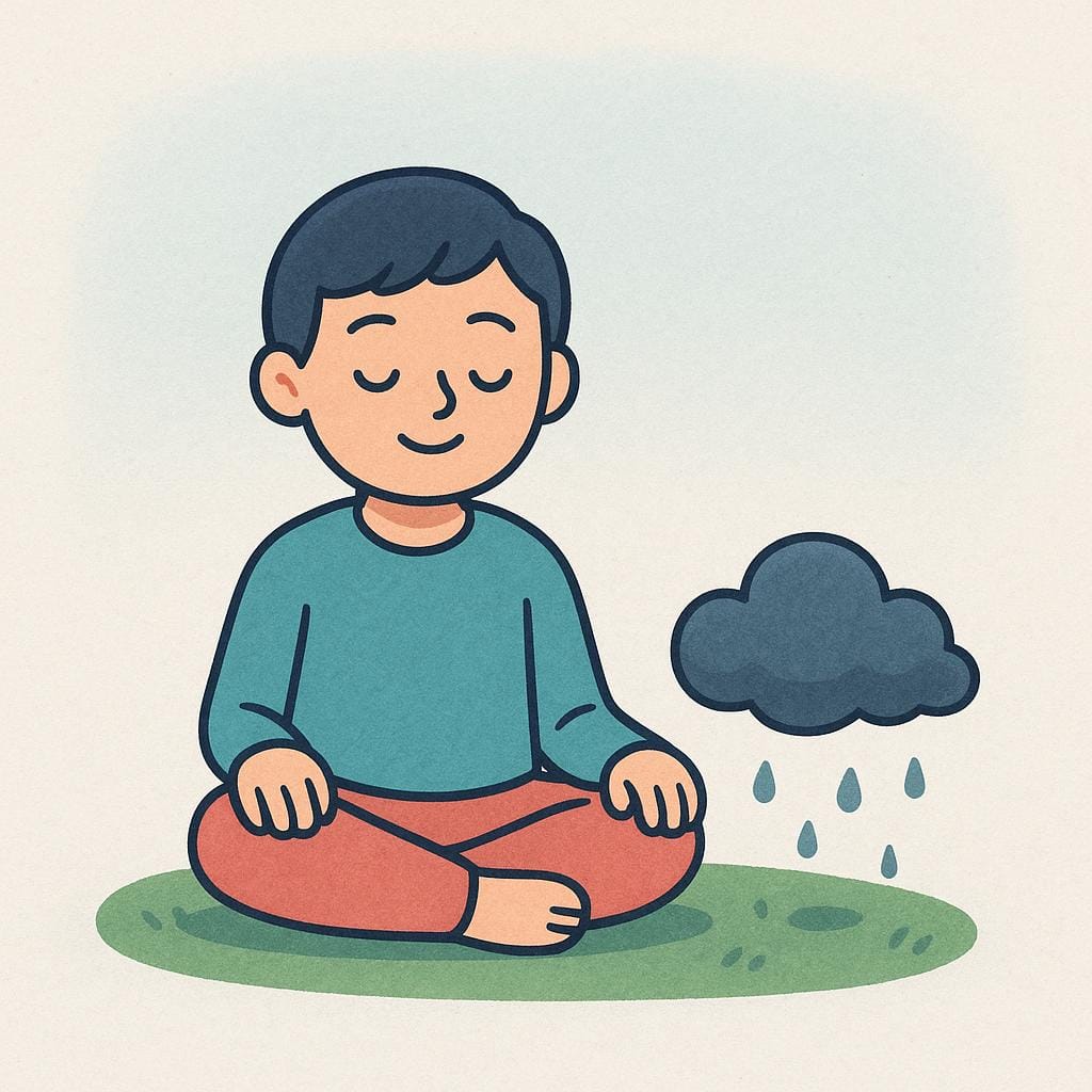 地面に座って足を組み、近くに浮かぶ小さく暗い、脅威のない雨雲を穏やかに平和的に見つめている、落ち着いた人物。