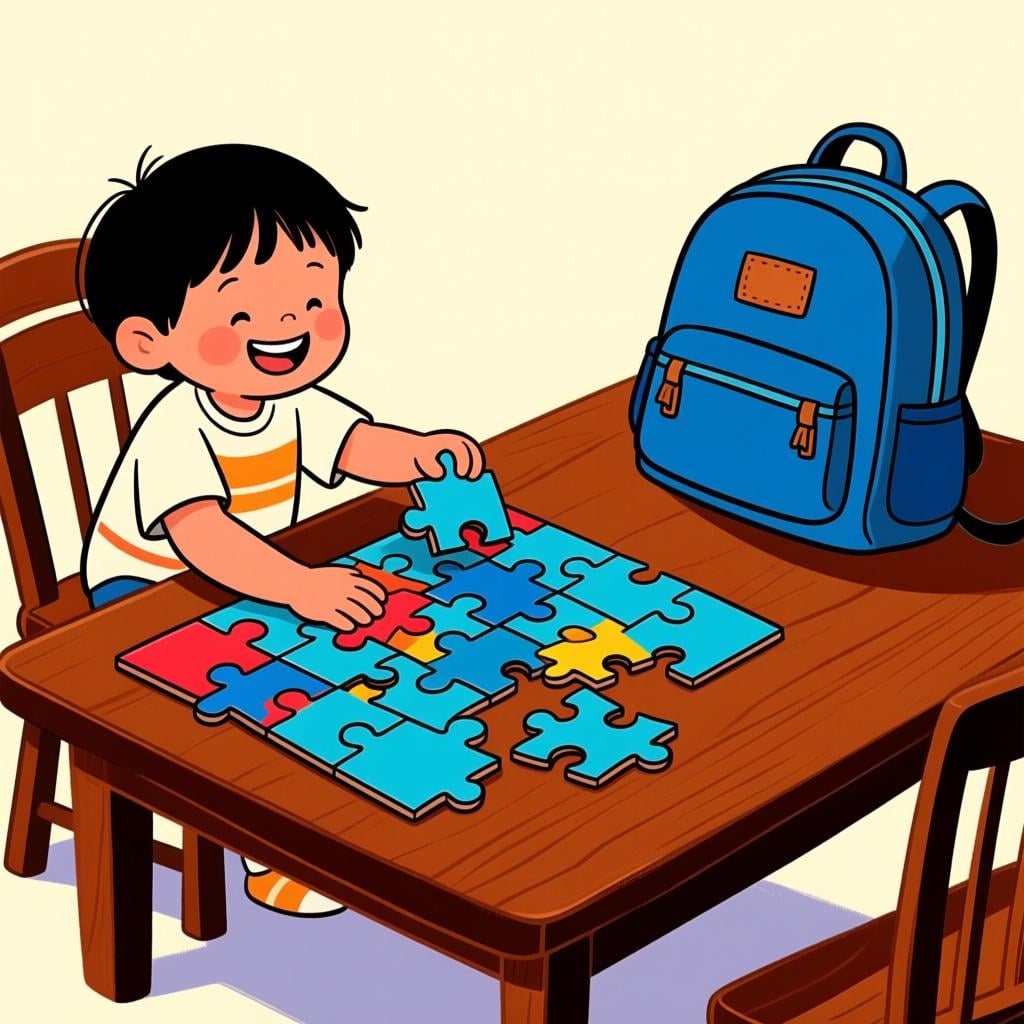 A young person completes a complex, colorful jigsaw puzzle, symbolizing an action that is finished. A packed blue backpack sits nearby, representing a future deadline or starting point.