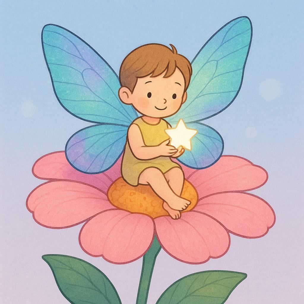 A tiny, smiling figure with iridescent butterfly wings, holding a glowing star, sitting atop a large pink flower.