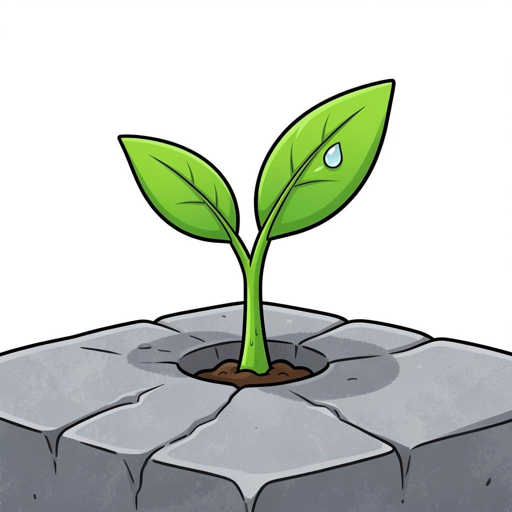 A single green sprout growing through a crack in a dry stone path.