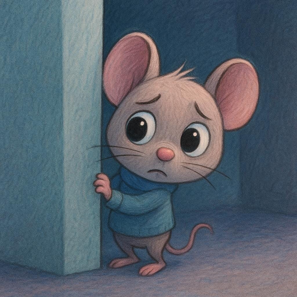 A small, wide-eyed cartoon mouse hiding behind a large piece of cheese, peering nervously at a dark shadow approaching from the side, illustrating a feeling of suspicion.