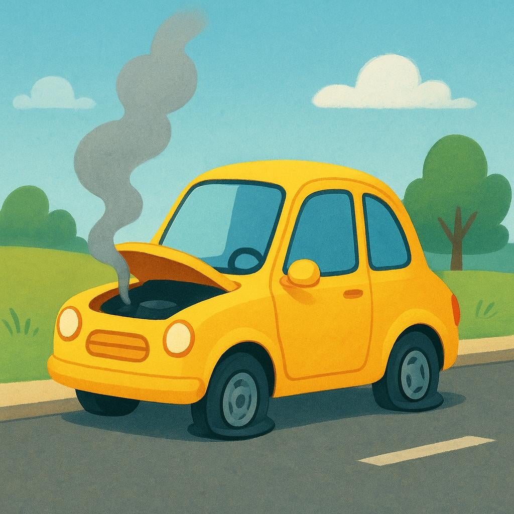 A small, cartoonish yellow car sitting broken down, with smoke coming from the engine compartment and a flat tire.