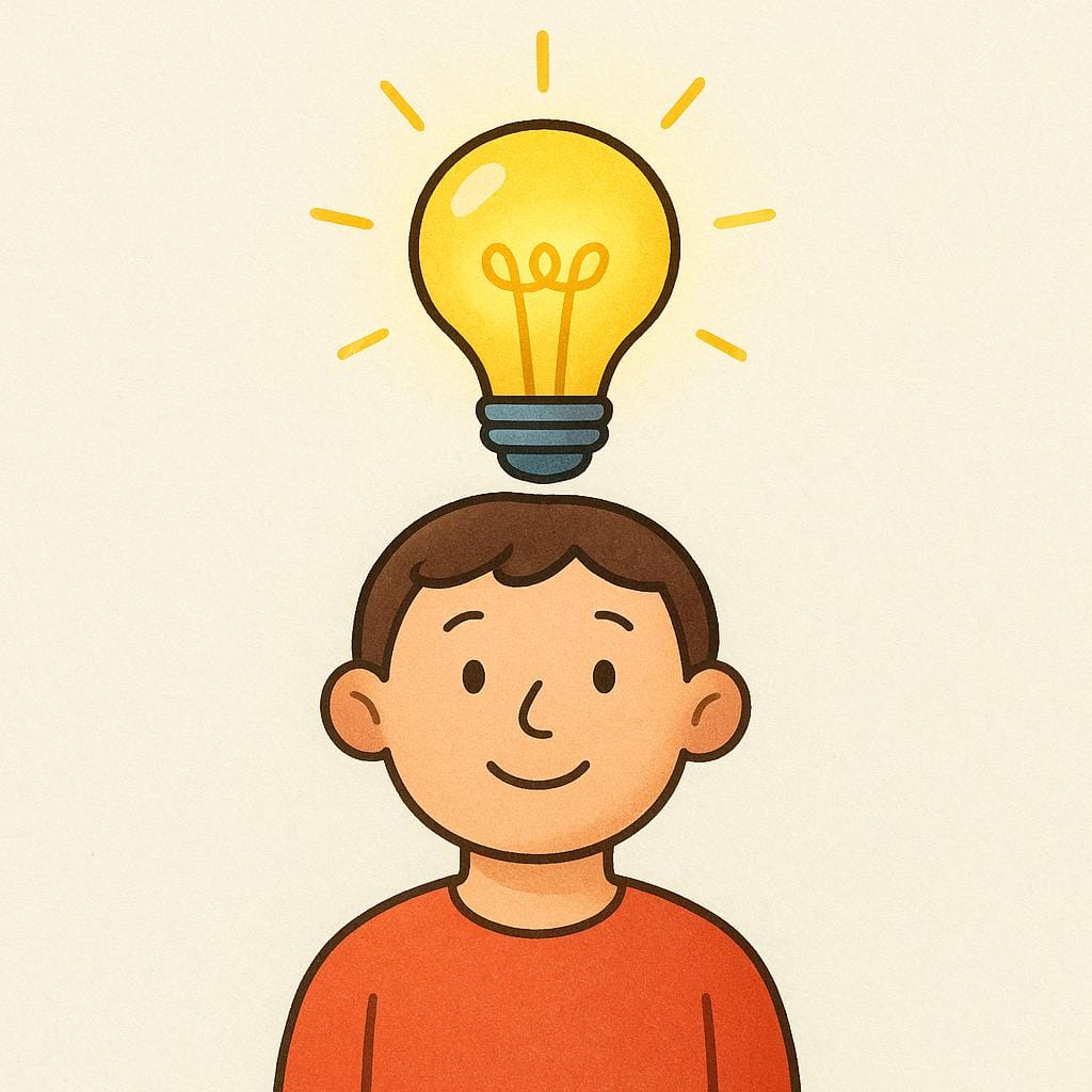 A brightly glowing yellow lightbulb floating above a simple human figure's head, signifying an idea that has just occurred.