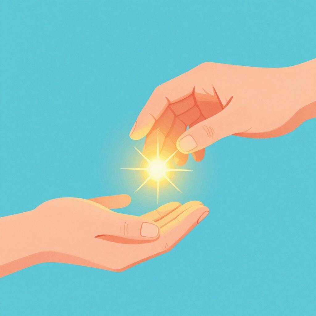 明るく光る火花を手に持ち、もう一方の手にそっと渡している様子。