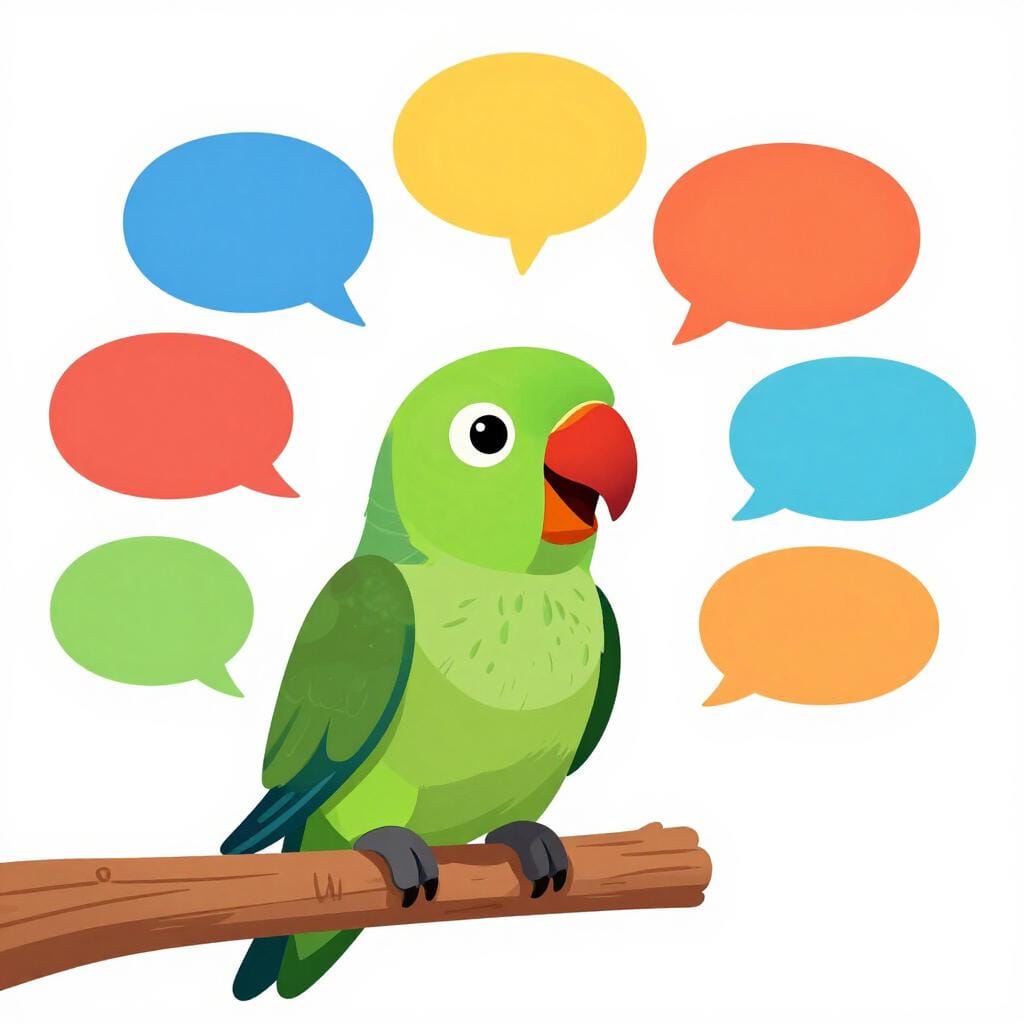 A colorful bird with its beak wide open sitting on a branch, surrounded by many speech bubbles without text.
