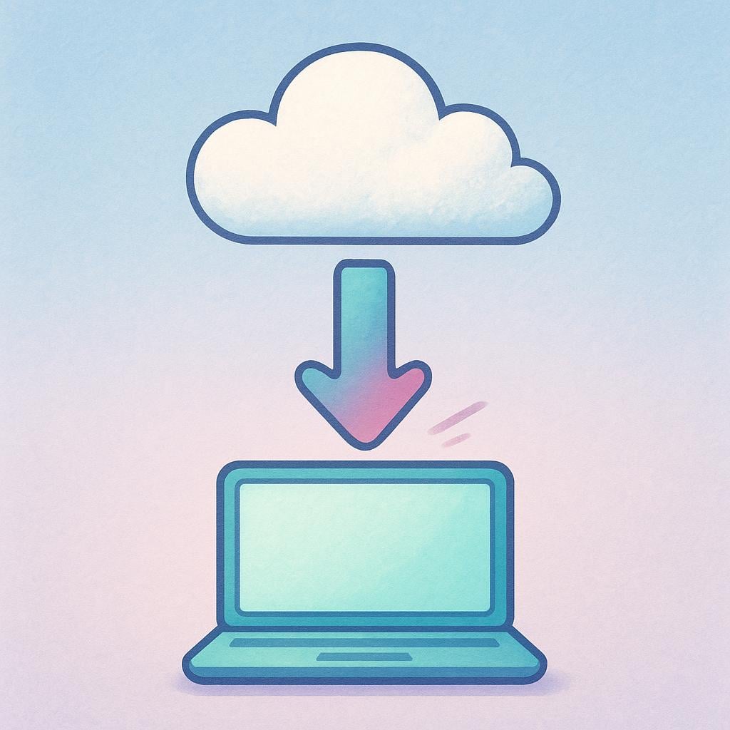A graphic showing a downward arrow moving from a cloud symbol towards a laptop screen, symbolizing a data transfer.