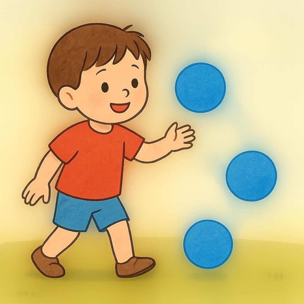 A child is repeatedly bouncing a bright blue ball. The image visually overlays three slightly transparent versions of the ball at different points in the bounce arc, emphasizing frequent repetition.