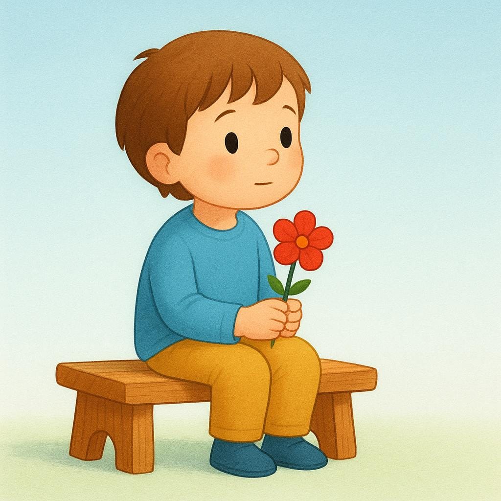 A young child sitting patiently on a small wooden bench, holding a single red flower, looking expectantly towards the right side of the image, illustrating the action of waiting.
