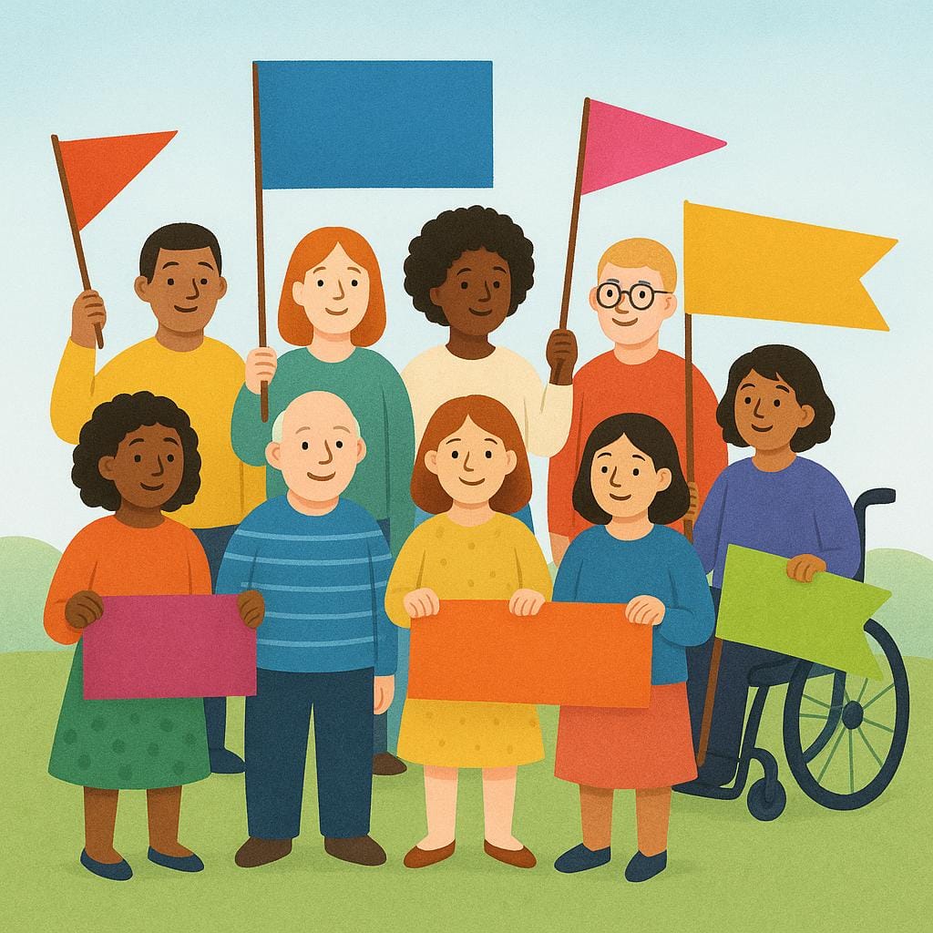 A group of diverse people standing together, symbolizing a political party.