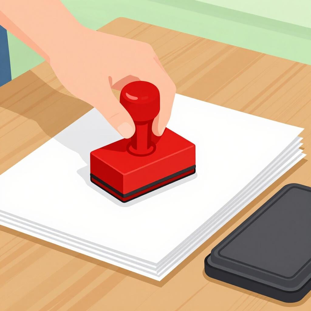 Une personne assise à un bureau utilisant un grand tampon en caoutchouc sur une pile de documents officiels.
