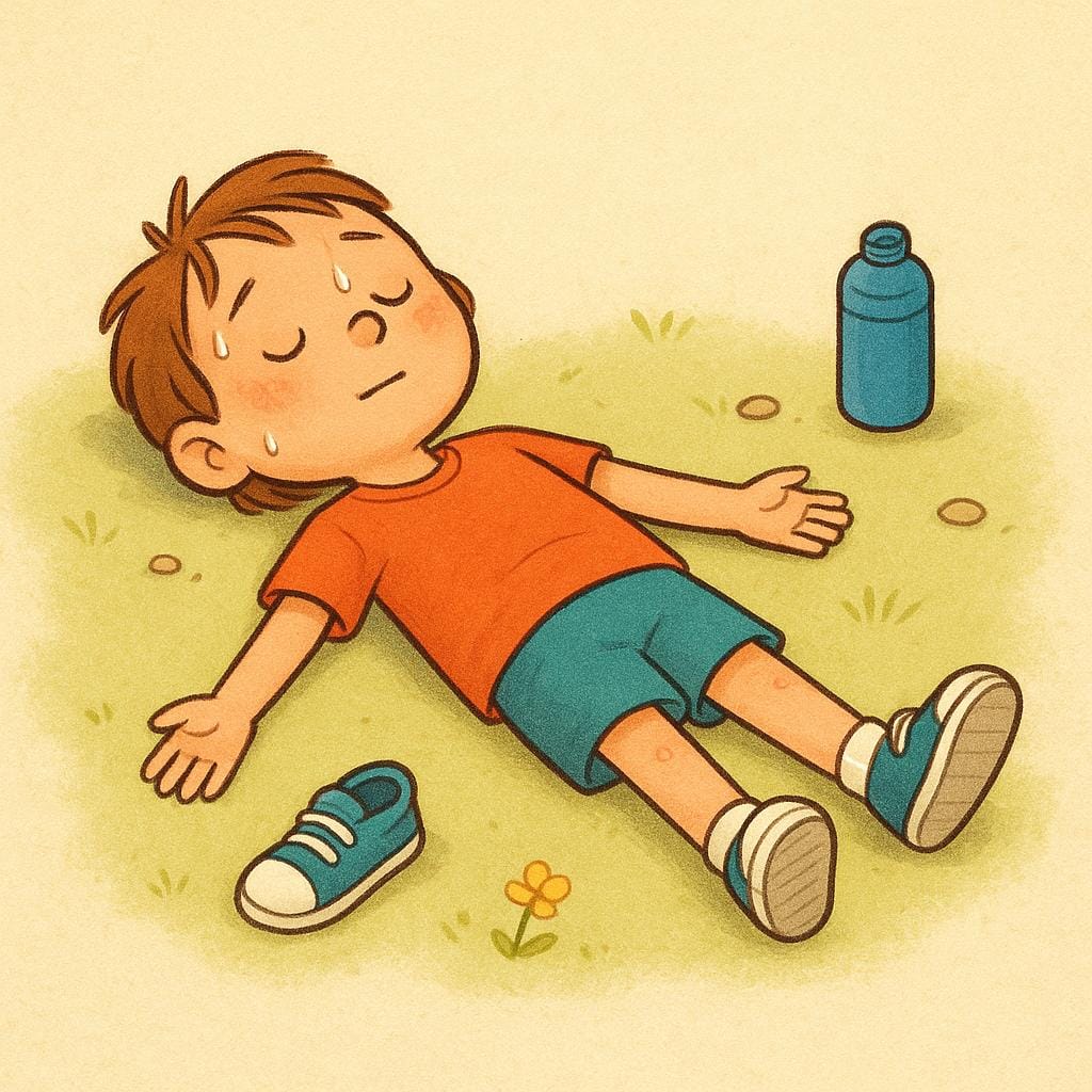 A cartoonish figure lying flat on their back on the ground, completely motionless and wiped out after a long effort.