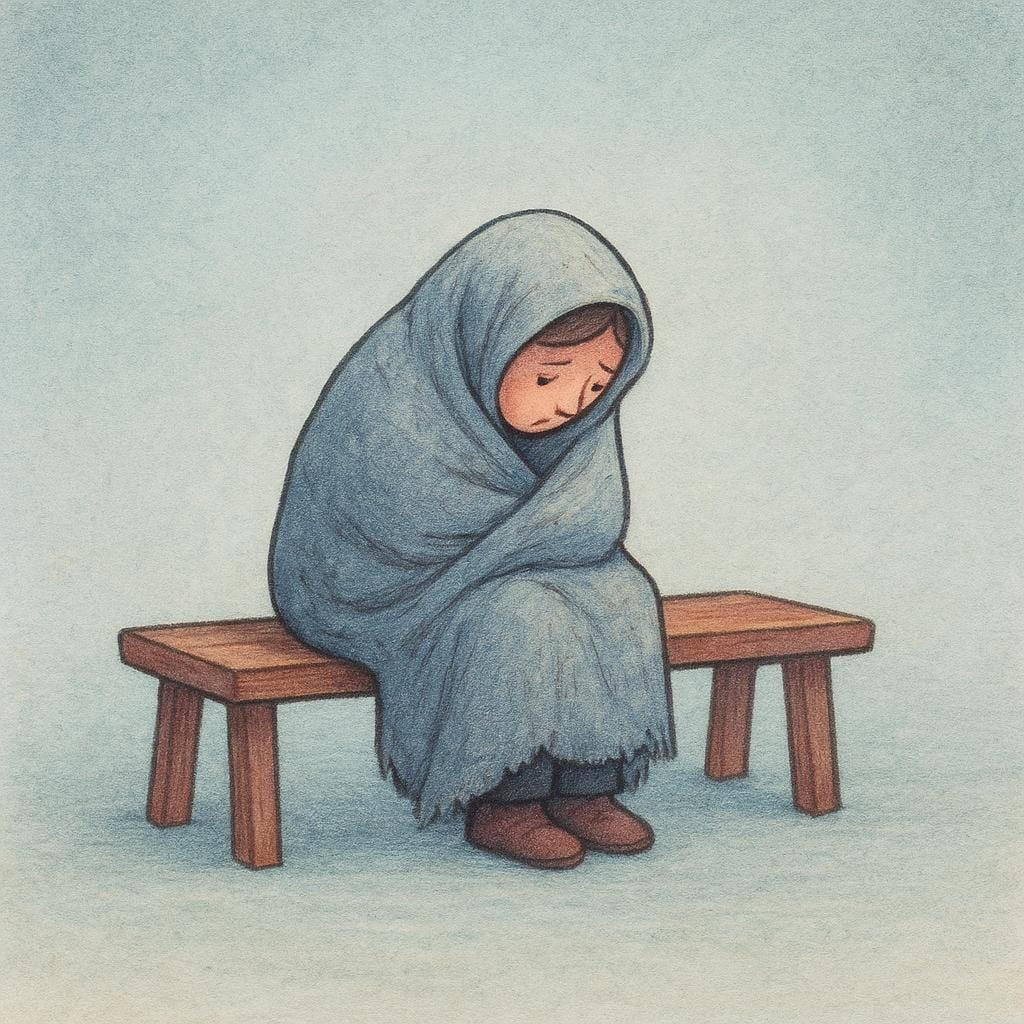A solitary figure wrapped tightly in a thin, worn blanket, sitting on a simple wooden bench and looking forlorn.