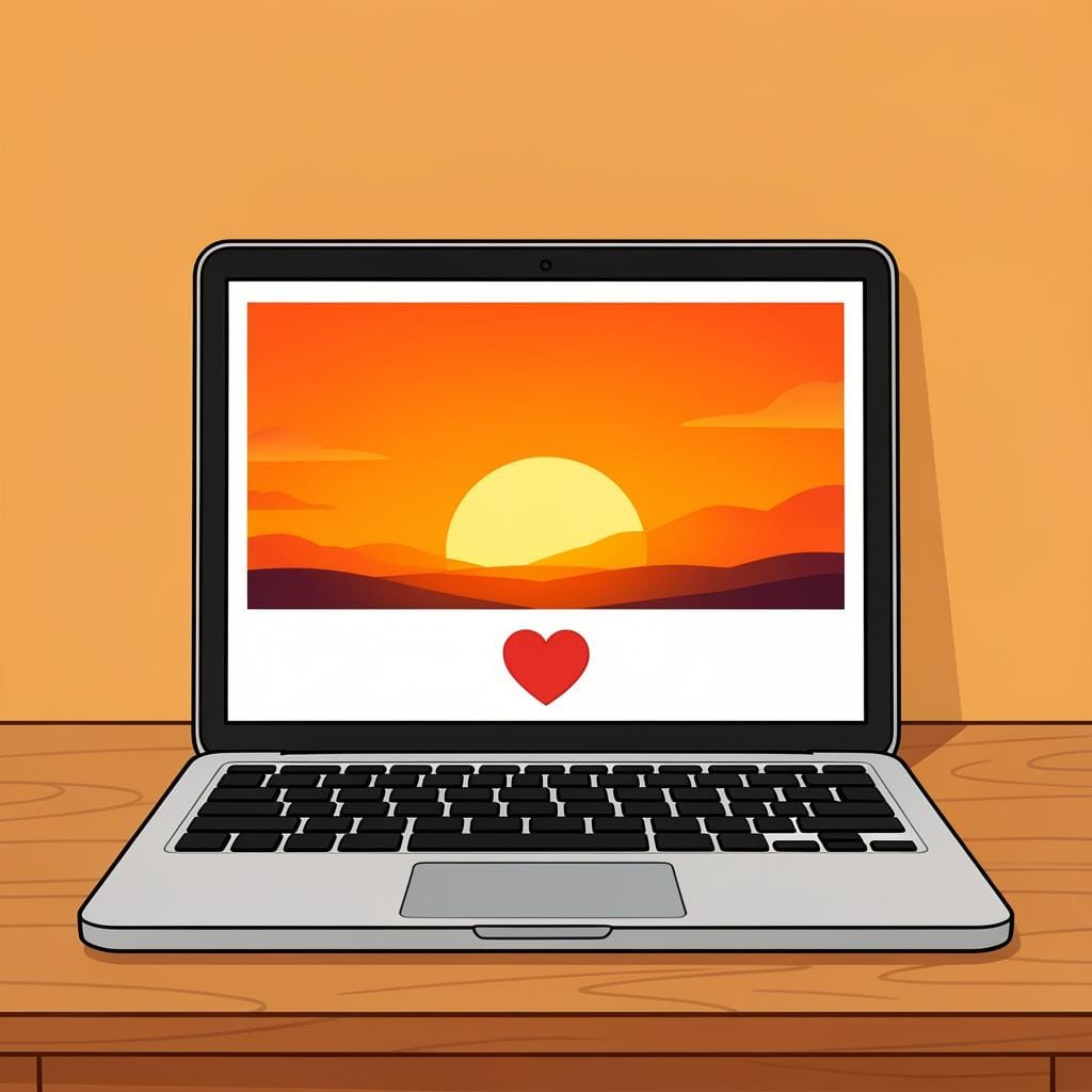 A simple storybook illustration of a laptop screen displaying a colorful photograph of a sunset and a heart icon.