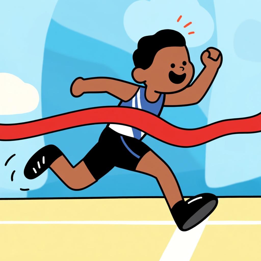 A cartoon runner gliding effortlessly over a finish line tape, looking relaxed and happy, having won the race easily.