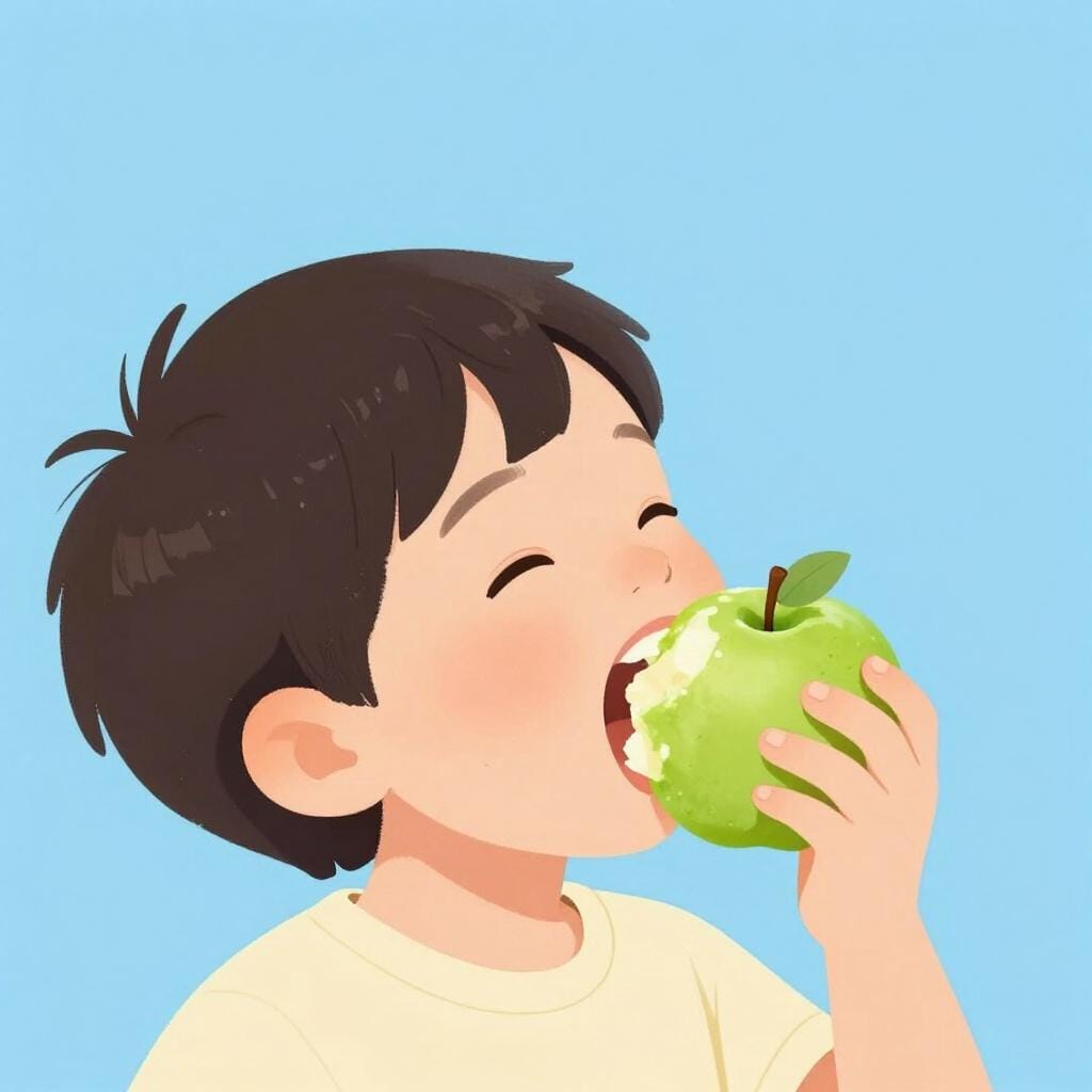 A child happily eating a crisp green apple.