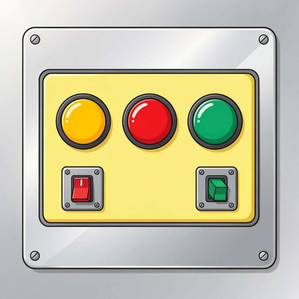 A colorful control panel with several round buttons and toggle switches.