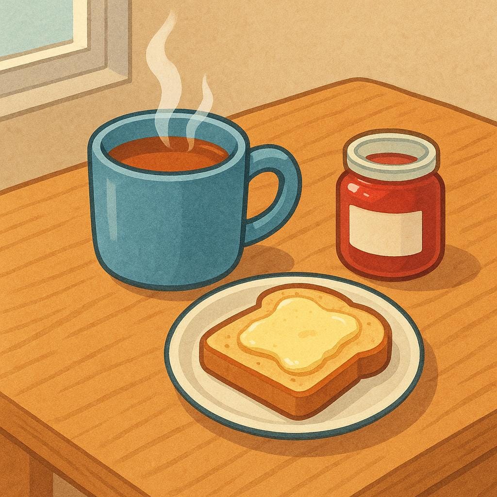 Une scène confortable montrant une table en bois simple dressée avec une tasse fumante de thé ou de café, une tranche de pain grillé et un petit pot de confiture, représentant le goûter de l'après-midi.