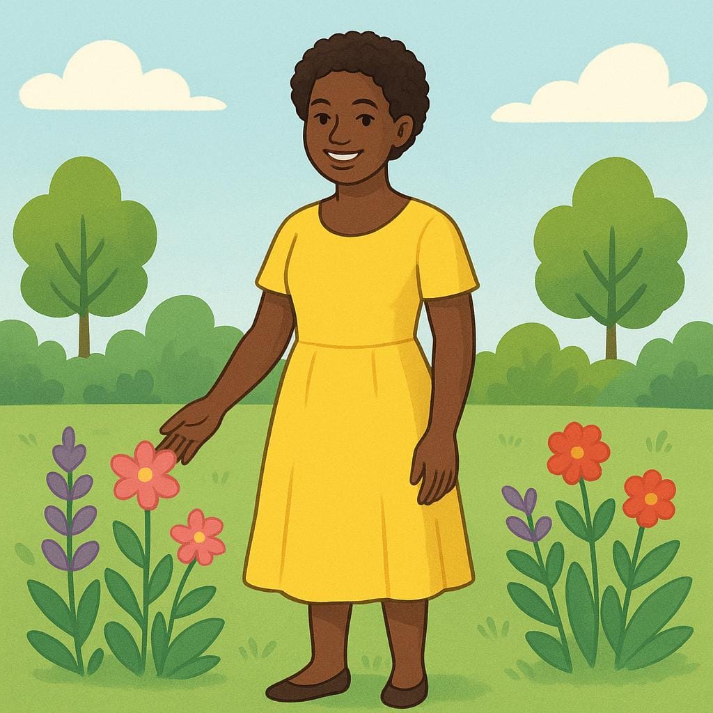 A colorful storybook illustration of a smiling Black woman wearing a bright yellow dress, standing in a sunny garden.